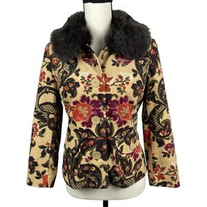 ATL Studio Women's Button Front Jacket Size 2 Floral Faux Fur Collar Boho